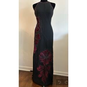 Long maxi silk black event velvet beaded sleeveless pencil wedding prom  dress S